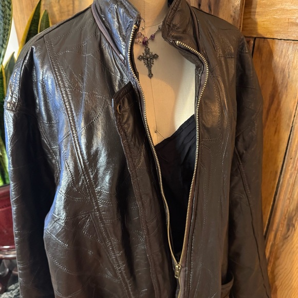 Brown leather quilted oversized patchwork jacket - Picture 3 of 11